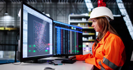 Female Engineer Using SCADA Control In Rocket Construction Industry Center. Woman Checking Data On Big Screenの写真素材