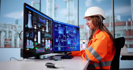Female Engineer Monitoring Efficiency In Oil And Gas Control Roomの写真素材