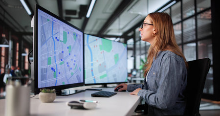 Woman Searching For Property Listings On Computer For Real Estate.の写真素材