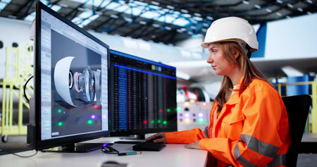 Female Aircraft Technician Developing 3D Engine Models In Aerospace Industry
