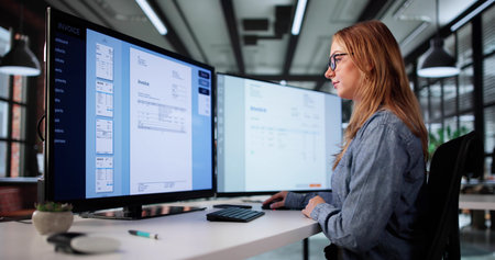 Medical Billing Audit: Young Woman Managing Payroll Software Remotely