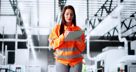 Female Technician Monitors Quality Control In Semiconductor Manufacturing Plant.