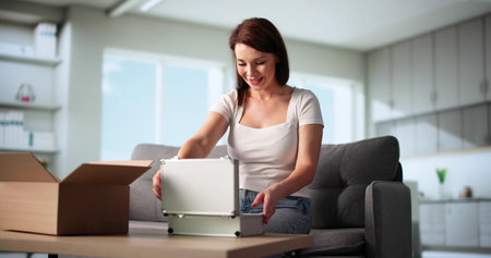 Happy Woman Opens Cosmetic Gift Box Delivery On Her Sofa