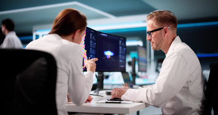 Team Of Analysts Using 3D Software For Research In Lab