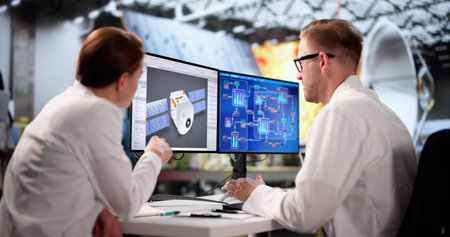 Engineers At Aerospace Agency Draft Satellite Design On Computer Monitor