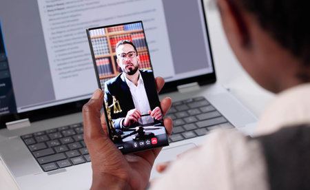 Young Black Lawyer Hosting Online Video Conference Call With African Client. African-American Doctorの写真素材