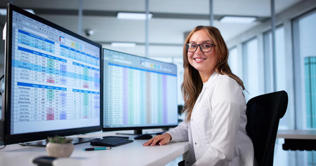 Doctor Reviews Medical Billing And Coding Spreadsheet On Computer Monitor. Hospital Nurse Analyzes...
