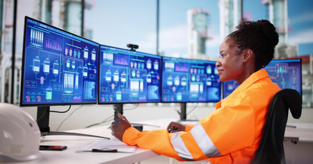 Woman Engineer Monitoring Oil Production At Chemical Plant Using SCADA Systemの写真素材