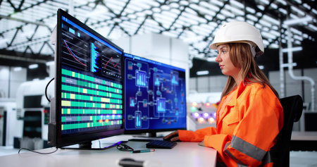 Young Female Engineer Using SCADA System To Operate Processes In Factory.