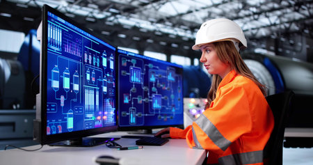 Skilled Female Engineer Monitors Gas Turbines At Oil Plantの写真素材