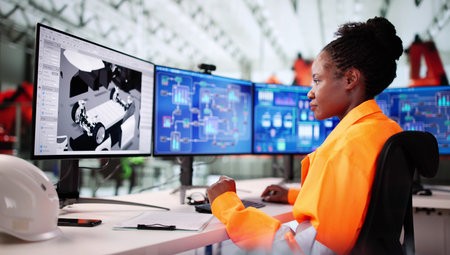 Innovative Female Technician Inspecting Electric Car Design On Computer Screen.