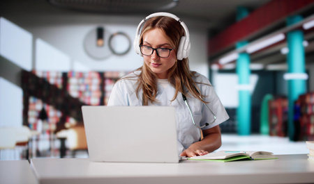 Determined Female Medical Student Using Laptop At University Library Study.