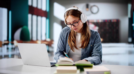 Female University Student Engaged In Online Learning At College Library