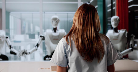 Young Woman Interviewed For Medical Position By Artificial Intelligence Robot.の写真素材