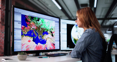 Young Climate Scientist Studies Weather Map To Forecast Warming Effects.