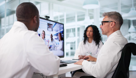Medical Team Conducts Video Conference In Clinic For Patient Care. Doctor Leading Diverse Group Of Professionalsの写真素材