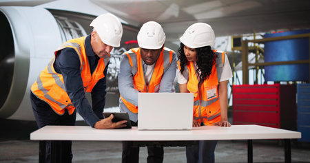 Multiracial Aviation Team Checking Aircraft Safety In Hangar Using Laptopの写真素材