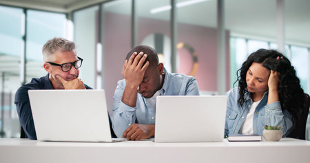 Unmotivated Businessman Sleeping During Boring Meeting, Distracted Colleagues Look On.
