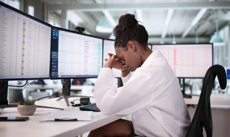 Frustrated Hospital Nurse Struggles With Data Spreadsheets On Computer Screen