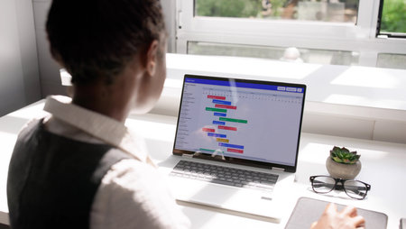 African American Woman Using Gantt Chart To Manage Project Schedule.の写真素材