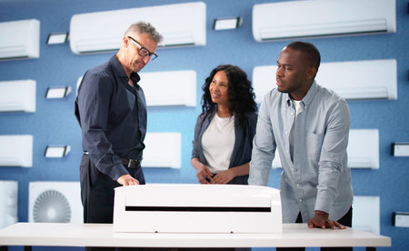 Smiling Couple Consults With Technician Before Buying New Air Conditioner.