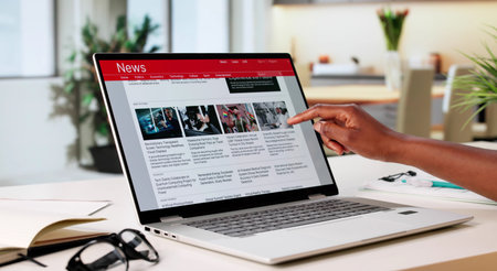 African American Woman Reading Online News Media On Her Laptop