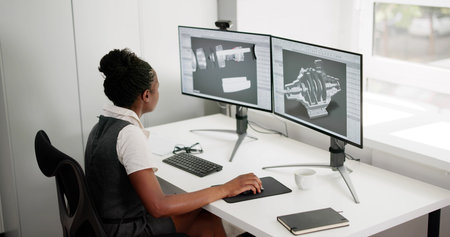 African Woman Creating 3D Designs Using CAD Software At Office.