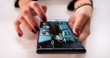 Marketing Manager Scrolling Through Social Media Content On Smartphone App.の写真素材