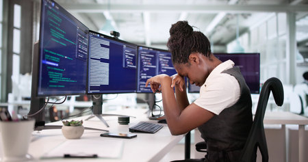 Frustrated Female Engineer Struggles With Code At Software Company Desk.