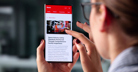 Busy Businesswoman Scrolling Through Online News Headlines On Smartphone In Office.