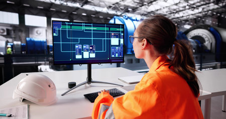 Female Engineer Monitoring Gas Turbine Operations At Power Plant Control