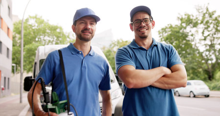 Pest Control Team In Van, Smiling Exterminators Provide Services Professionally.の写真素材