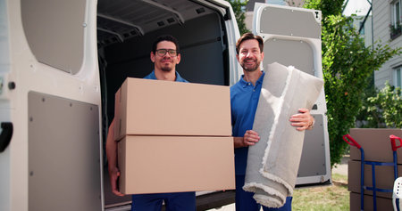 Professional Movers Delivering Furniture With Blue Truck In Local Area