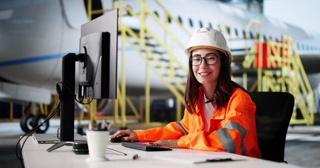 Aircraft Maintenance Technician Inspects Airplane Engine At Bustling Airport Hangar.