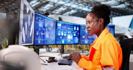 Young Female Aircraft Technician Develops Software For Aerospace Manufacturer's CAD System.