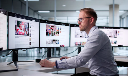 Digital News Writer Monitoring Media Presence On Online Platformの写真素材