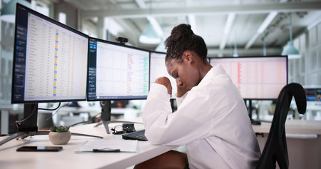 Stressed Hospital Nurse With Spreadsheet Frustration, Bored Computer Analyst Womanの写真素材