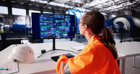 Female Engineer Monitoring Gas Turbine Operations In Factory Control Roomの写真素材