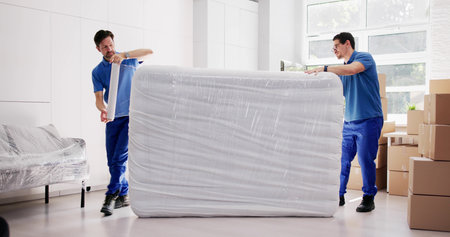 Professional Movers Wrapping Bed Mattress During Moving Service In New Home.の写真素材