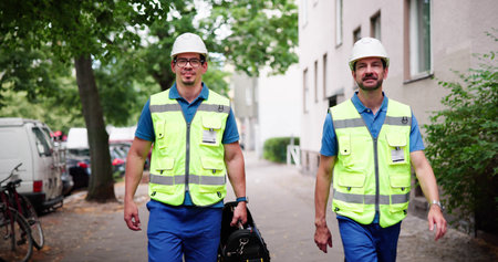 Smiling Repairman With Toolbox Walking On Construction Site Back Street.の写真素材