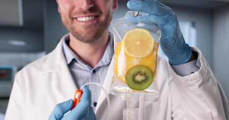 Male Doctor Administers Vitamin IV Therapy Treatment To Young Patientの写真素材
