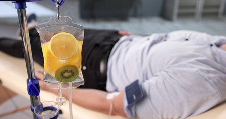 The Doctor Administers Vitamin IV Therapy To A Young Manの写真素材