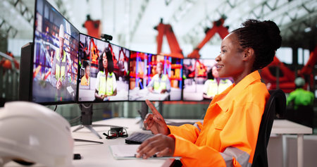 American Engineer In Futuristic Factory Optimizes Car Production Efficiencyの写真素材