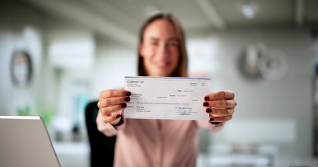 Smiling Woman Manages Financial Documents In Cozy Home Office Setting.の写真素材