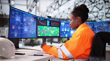 African-American Woman Mastering AI Software In Construction Automation System.の写真素材