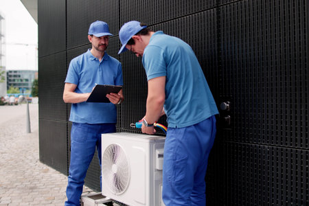 HVAC Technician Maintaining Air Conditioner In Sweltering Summer Heatの写真素材
