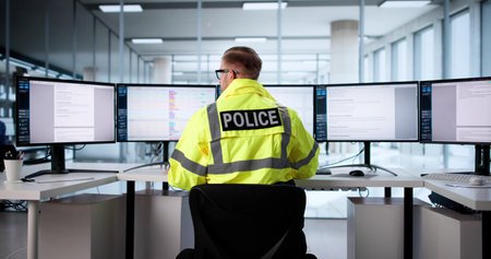 Police Officer Using New Security System To Monitor Event Patrolの写真素材