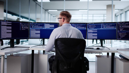 Portrait Of A Young Caucasian Man Developing Software At Office.の写真素材
