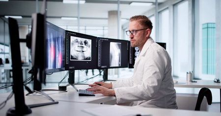 Radiologist Analyzing Patient X-ray On Computer Screen In Hospital Setting.
