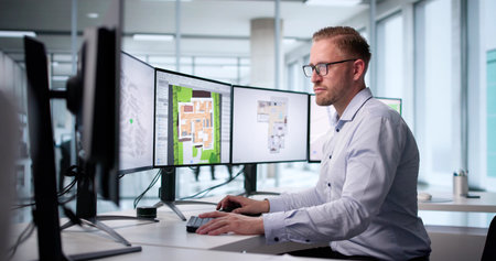 Man Using Computer To Plan Construction Of An Urban Development.